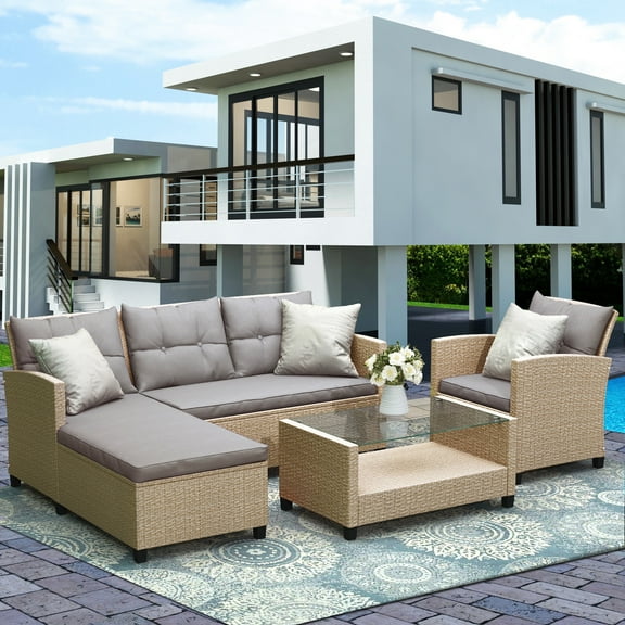 Rattan Patio Sofa Set, 4 Pieces Outdoor Sectional Furniture, All-Weather PE Rattan Wicker Patio Conversation, Cushioned Sofa Set with Glass Table for Patio Garden Poolside Deck