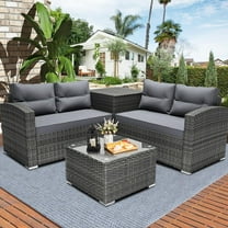 Rattan Patio Sofa Set, 4 Pieces Outdoor Sectional Furniture, All-Weather PE Rattan Wicker Patio Conversation, Cushioned Sofa Set with Glass Table & Storage Box for Patio Garden Poolside Deck