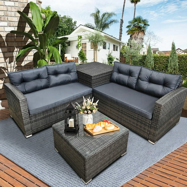 Rattan Corner Sofa Piece Rattan Garden Furniture Grey 4-Piece All