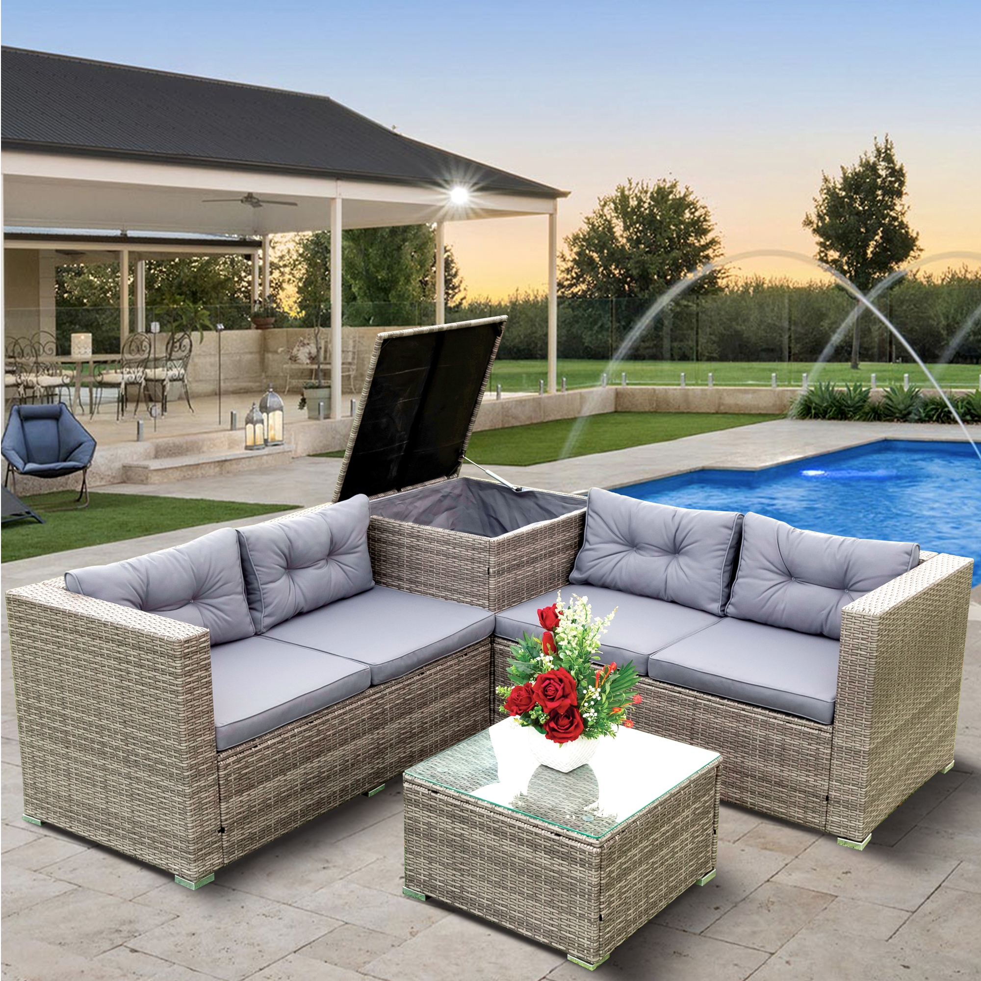 Rattan Patio Sofa Set, 4 Pieces Outdoor Sectional Furniture, All-Weather PE Rattan Wicker Patio Conversation, Cushioned Sofa Set with Glass Table & Storage Box for Patio Garden Poolside Deck - image 1 of 10