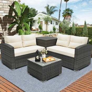 Rattan Patio Sofa Set, 4 Pieces Outdoor Sectional Furniture, All-Weather PE Rattan Wicker Patio Conversation, Cushioned Sofa Set with Glass Table & Storage Box for Patio Garden Poolside Deck