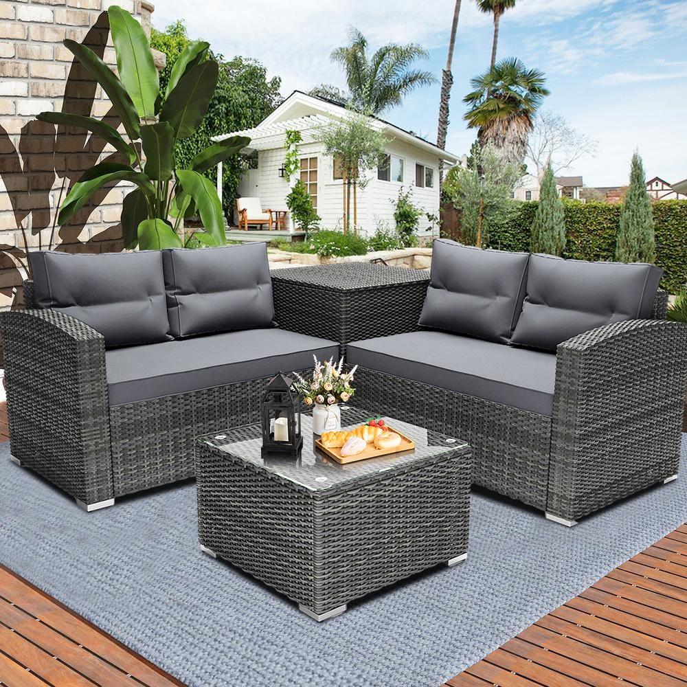 Rattan Patio Sofa Set, 4 Pieces Outdoor Sectional Furniture, All-Weather PE Rattan Wicker Patio Conversation, Cushioned Sofa Set with Glass Table & Storage Box for Patio Garden Poolside Deck - image 1 of 8