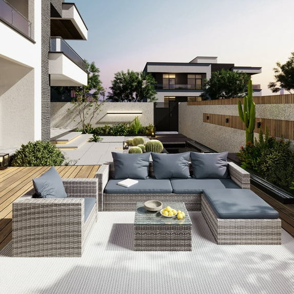 Rattan Patio Sofa Set, 4 Pieces Outdoor Sectional Furniture Set, All-Weather PE Rattan Wicker Patio Conversation Set, Cushioned Sofa Set with Glass Table for Patio Garden Poolside Deck