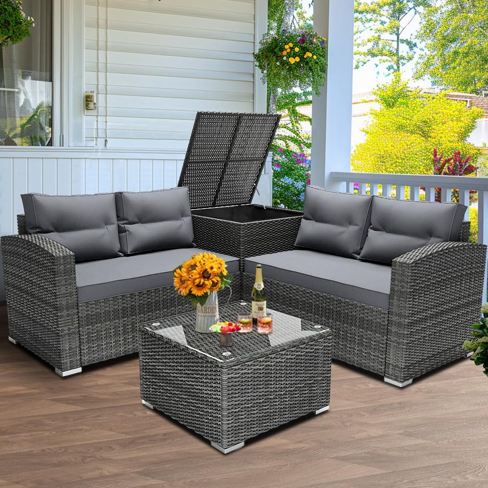 Rattan Patio Sofa Set, 4 Pieces Outdoor Sectional Furniture Set, All-Weather PE Rattan Wicker Patio Conversation Set, Cushioned Sofa Set with Glass Table & Storage Box for Patio Garden Poolside Deck