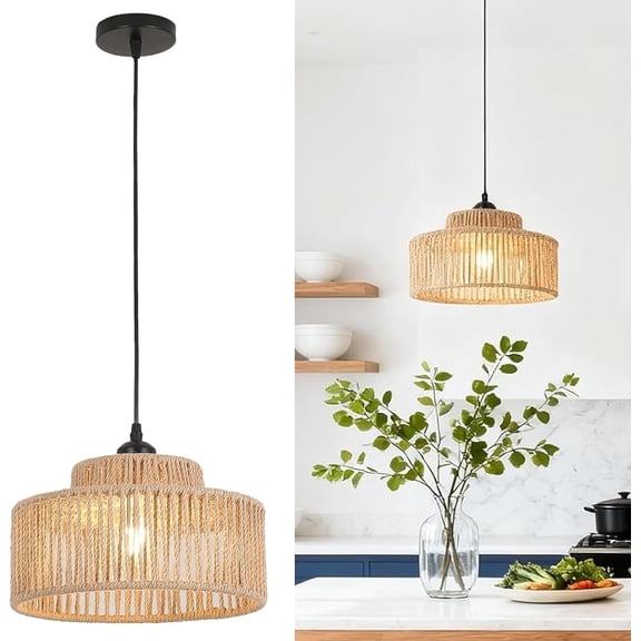 Rattan Pendant Light,11 Inch Boho Kitchen Island light Fixtures,Handmade Woven Hanging Lamp,Wicker Small Chandelier,Coastal Hanging Lights for Bedroom Kitchen Living Room Hallway Restaurant Foyer