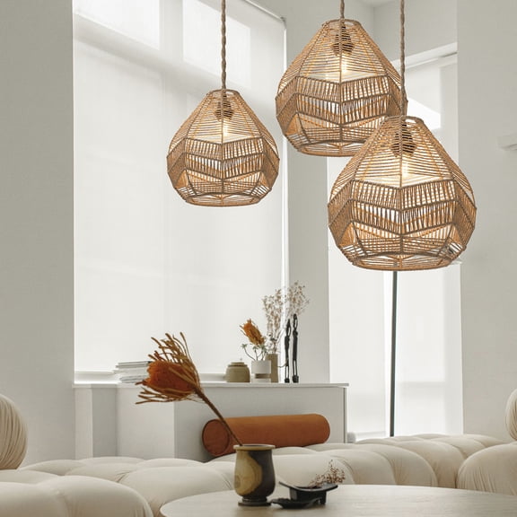 Rattan Pendant Light Shade, Hand-Woven Wicker Lamp Guard for Hanging Ceiling Lights, Boho Iron & Paper Vine Basket Lampshade for Kitchen Island, Living Room, Bedroom(Large)