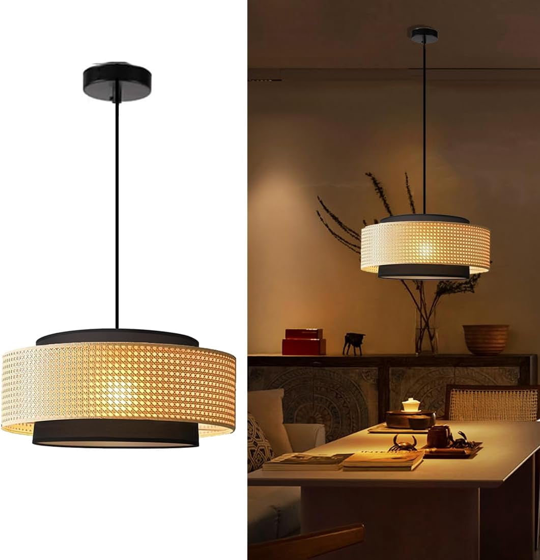 13 Inch Rattan Pendant Light – Farmhouse Boho Hand-Woven Wicker Hanging Lamp For Dining Room, Kitchen, Bedroom, Foyer