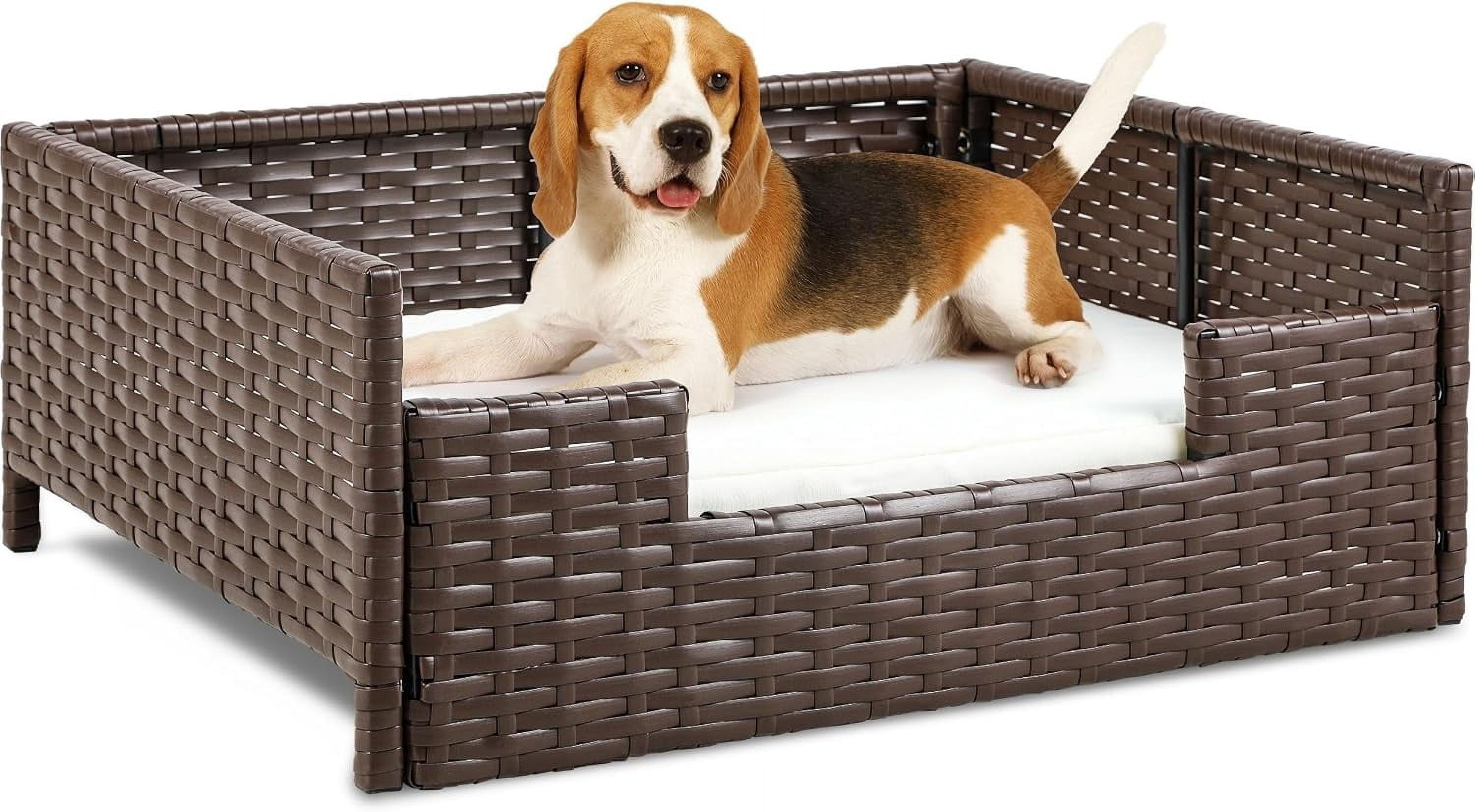 Rattan Pet Sofa Bed with Cushion, Wicker Dog Cat Bed Couch Indoor Outdoor Waterproof for Large Medium Small Pets, 34.6"L x 23.6"W x 11.8"H, Beige