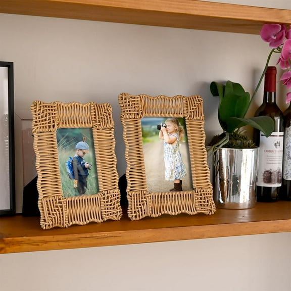 Rattan Picture Frame 5x7 & 4x6, Boho & Farmhouse Style Rattan Photo Frames Set of 2 - Faux Wicker, Vertical Picture Frames for Desk, Tabletop Display Gift for Mom Grandma Family Friends