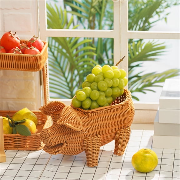 Rattan Pig Shaped Fruit Basket – Handmade Snack and Candy Storage Basket for Home Decoration | Unique Tea Color Pig Design Table Centerpiece