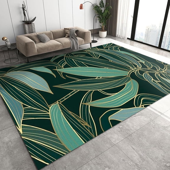 Rattan Plant Leaves Area Rugs, Golden Green Tropical Rainforest Banana Leaves Large Area Rug, Farmhouse Rug Soft and Comfortable Wear-Resistant and Non-Slip Apply to Bedroom Hotels 2x3ft