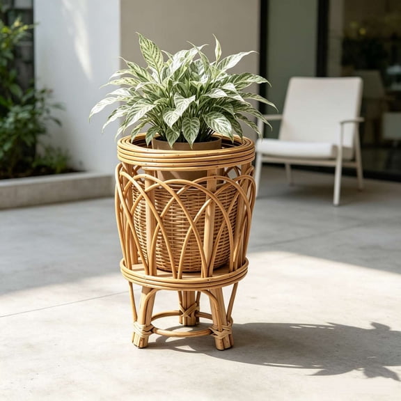 Rattan Plant Stand, Handwoven Flower Pot Holder, Indoor Greenery Display Rack, Lifts Plants Above Ground and Fits Medium Sized Pots for Living Room Corner, Balcony Display, and Side Table Accent.