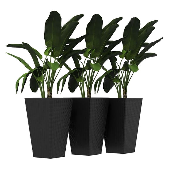Rattan Planters 3-Pack, 24 Inch - Black Plastic Flower Pots with Drainage, Indoor/Outdoor Plant Containers, Modern Decorative Planters