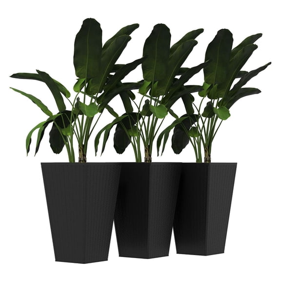 Rattan Planters 3-Piece Set - 24 Inch Tall, Black Plastic Flower Pots with Drainage - Indoor/Outdoor Plant Containers, Modern Home Decor