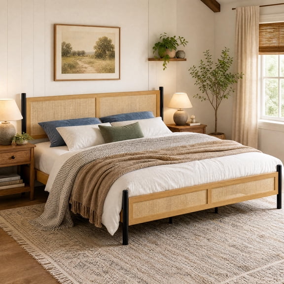 Rattan Platform Bed Frame with Wood Headboard & Footboard, Industrial Black Metal Legs, 7.5” Under Bed Storage, Noise-Free Wooden Slat Support, No Box Spring Needed