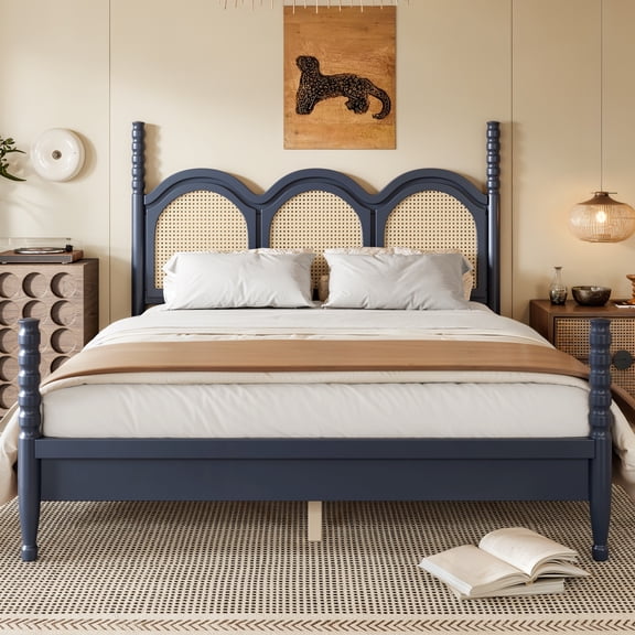 Rattan Platform Bed Queen Size with Headboard and Arched Woven Design, Wood Bed Frame with 4 Posters, Blue
