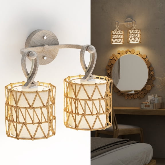 Rattan Plug in Wall Sconces Boho Wall Light for Living Room Wicker LED Wall Lamp