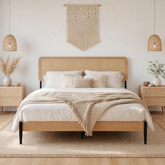 Rattan Queen Bed Frame with Headboard, Boho Queen Platform Beds, Natural Woven Rattan Headboard, Heavy Duty Slat Support Platform, No Box Spring Needed, Under Bed Storage, Noise Free, Easy Assembly