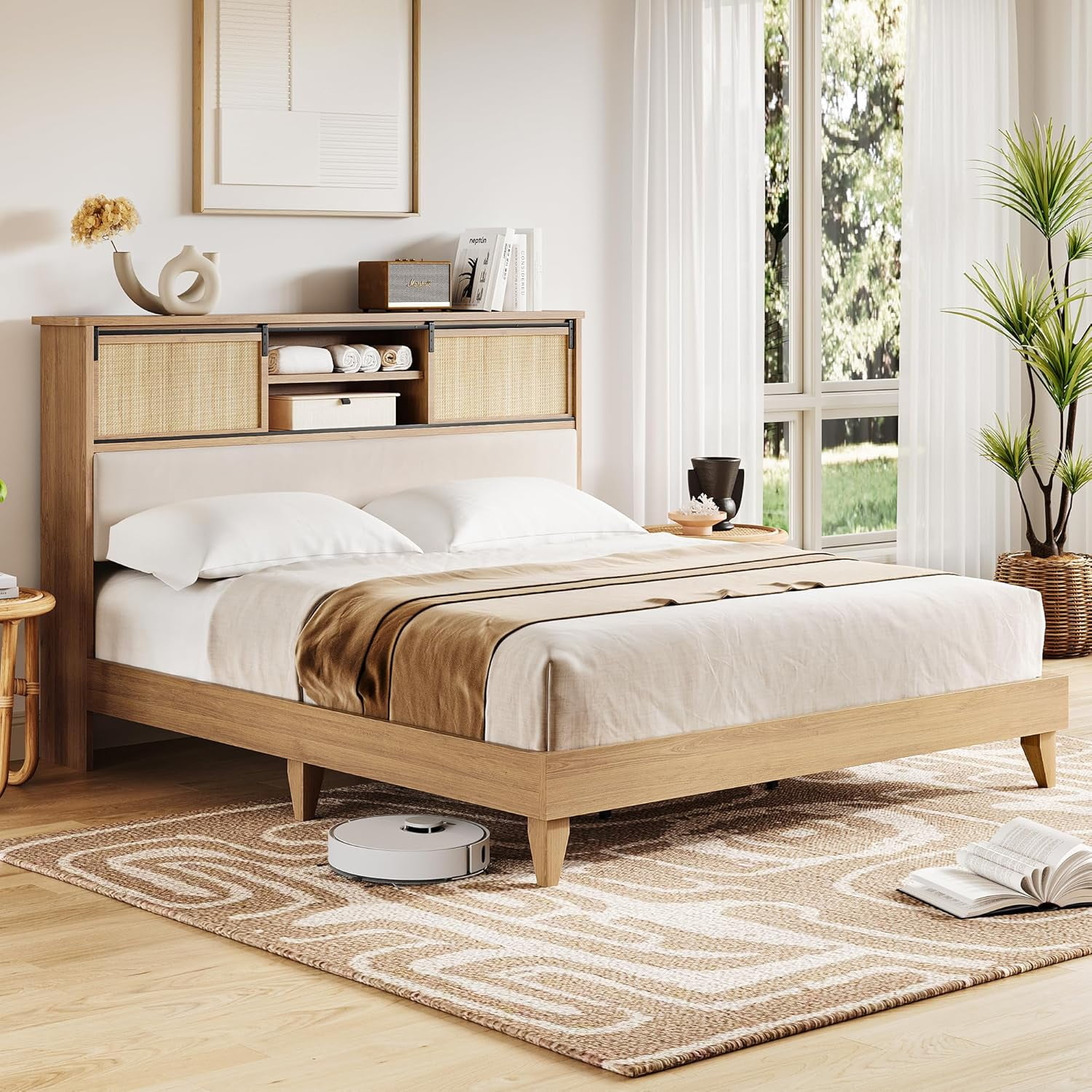 Natural Rattan Queen Bed Frame with Storage Headboard