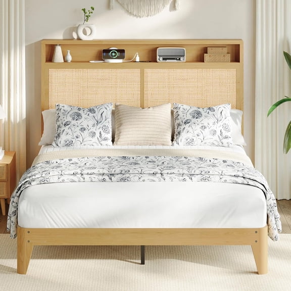 Memoryfield Rattan Queen Bed Frame with with LED Lights & Charging Station, Bohemian Queen Bed Frame, 2 Tier Storage Headboard, Under Bed Storage, No Box Spring Needed