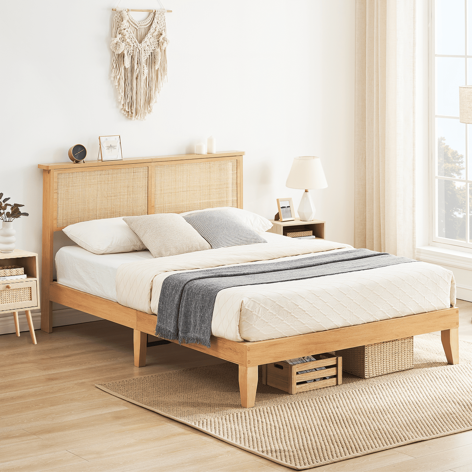 Rattan Queen Bed Frame, Queen Size Bed Frame with Natural Rattan Headboard, Platform Bed Frame with LED Lights, Under Bed Storage and Wooden Legs Support, Noise-Free, No Box Spring Needed