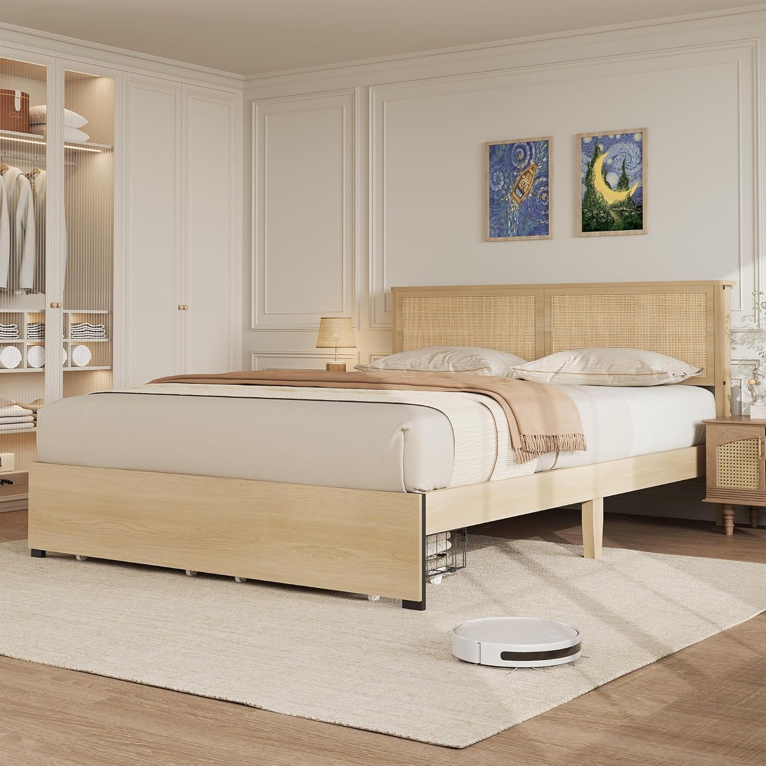 Rattan Queen Size Bed Frame with 2 Storage Drawers, Queen Platform Bed Frame with Natural Rattan Headboard, Boho Bed Frame with Strong Wood Slats Support, Noise Free, No Box Spring Needed