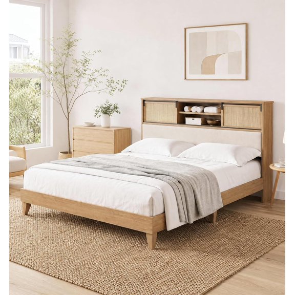 Rattan Queen Size Bed Frame with Storage Headboard, Farmhouse Platform Bed Frame with Shelf, Wooden Bed, Noise-Free, Non-Slip, No Box Spring Needed, Easy Assembly
