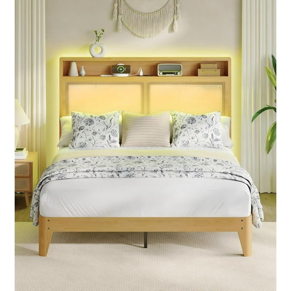 Rattan Queen Size Bed Frame with LED Lights, Boho Wood Bed Frame with Storage Headboard & Charging Station, Silent Slats, No Box Spring Needed