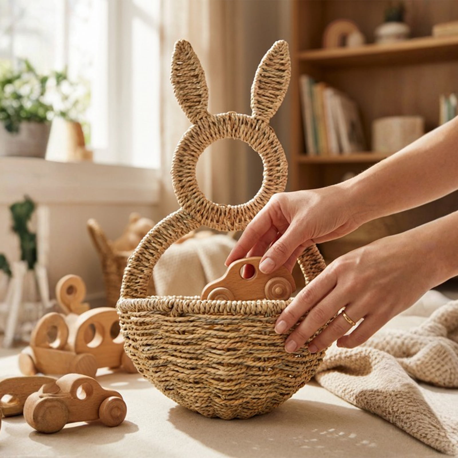 Rattan Rabbit Basket with Solid Ears 15.7 inch Hand-woven Storage Bin for Easter Home Decor, Large Natural Wicker Bunny Basket for Farmhouse Shelf, Pantry Organization, Living Room Centerpiece