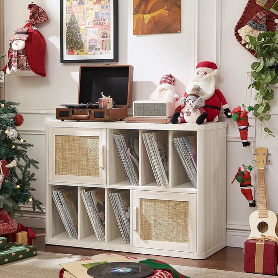 LELELINKY Rattan Record Player Stand, Large Turntables Stand with Vinyl Record Storage Holds up to 450 Albums, Record Player Table for Living Room Office, White