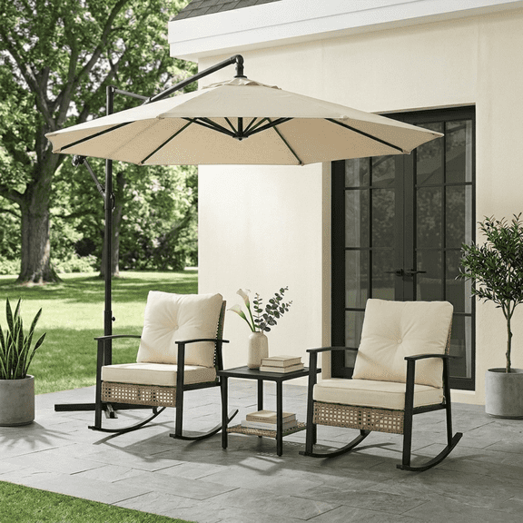Rattan Rocking 3 Pieces Patio Bistro Set,Outdoor Bistro Sets,2 Rocking Chairs and 1 Side Table with Thickened Button Tufted Cushions,for Porch Backyard Poolside