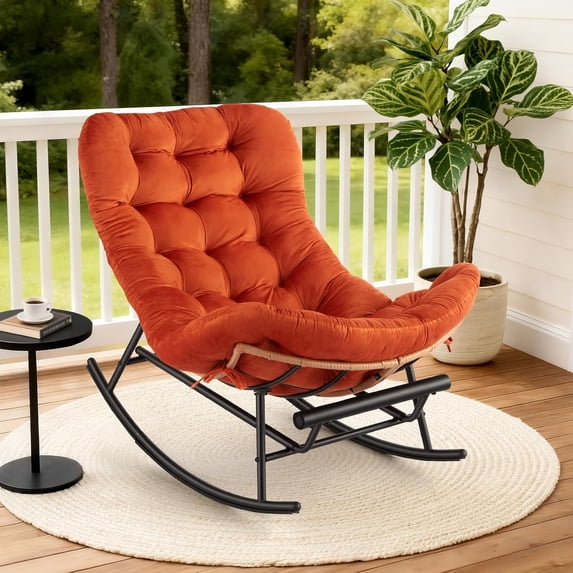 Rattan Rocking Chair with Detachable Flannel Cushion and Extendable Footrest – Papasan Chair with Cozy Seating for Porch, Lawn, Bedroom & Living Room, Orange