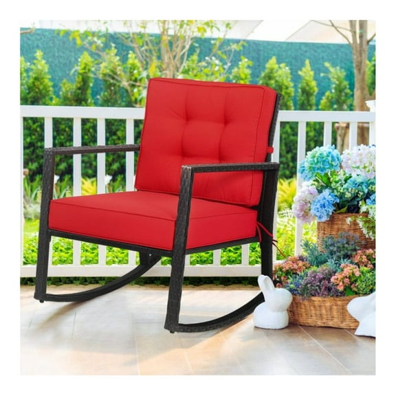 Rattan Rocking Chair Outdoor, Patio Glider Rocker with Cushions, Black Wicker Rocking Chair for Garden, Lawn, Backyard, Porch, Rustic Style, 360lbs Capacity