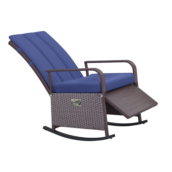 Rattan Rocking Chair Outdoor Patio Recliner with Cushion & Footrest - Adjustable 135 Blue