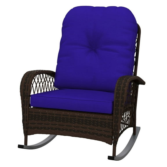 Rattan Rocking Chair Outdoor, Wicker Rocker with Cushion, Steel Frame for Patio, Garden, Backyard - Dark Blue