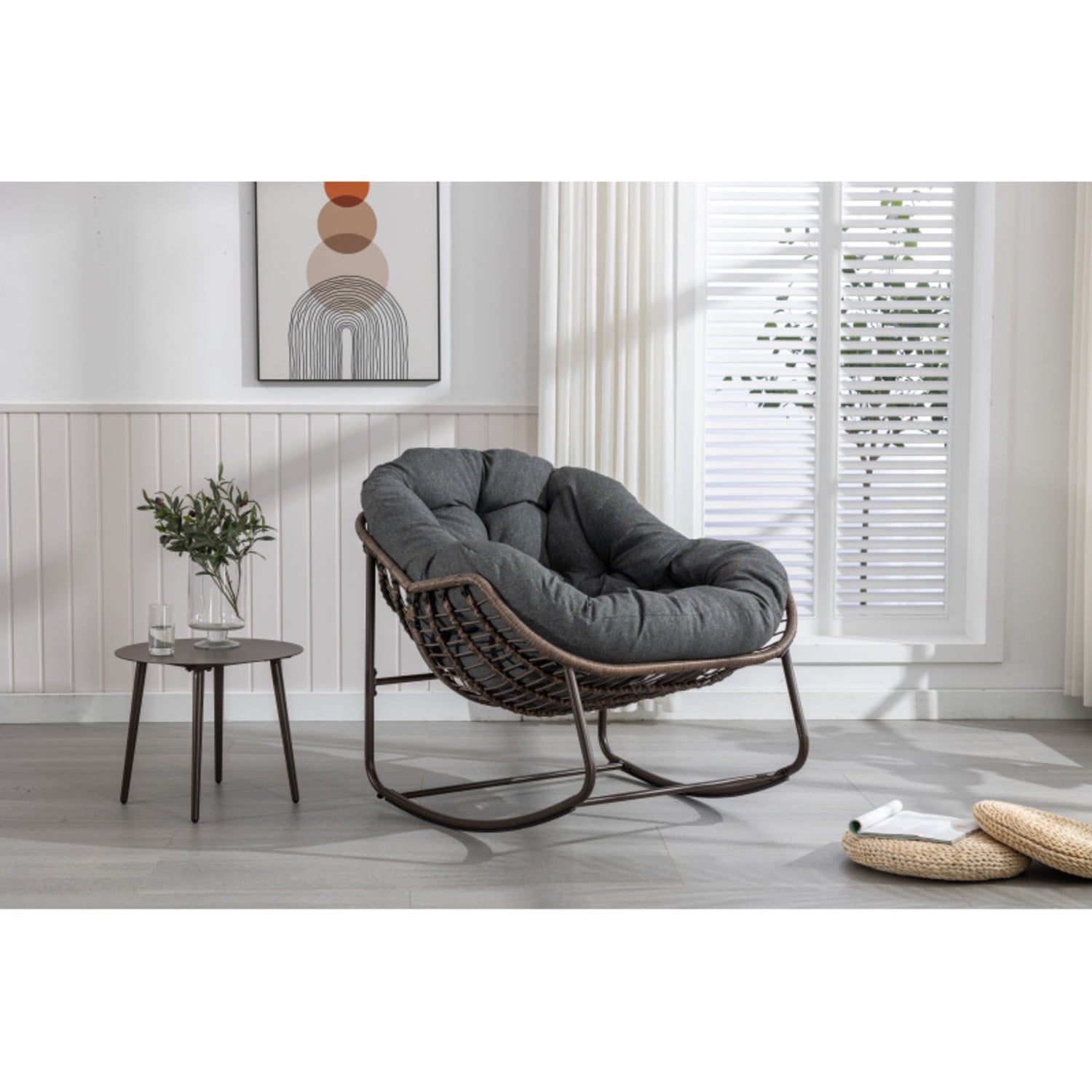Padded Rattan Chair Rattan Rocking Chair Padded Cushion Rocker Recliner Chair Outdoor for ...