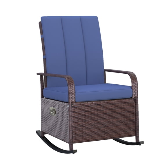 Rattan Rocking Chair Patio Recliner - Adjustable Outdoor Wicker Chair with Cushion & Footrest, 135 Recline, Blue
