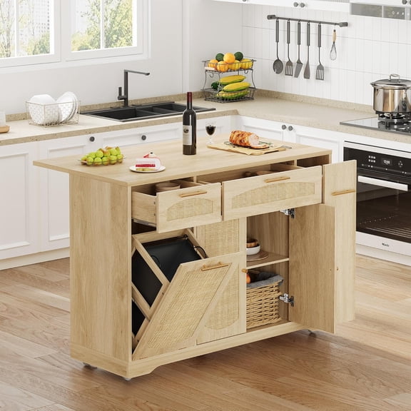 Rattan Rolling Kitchen Island Table on Wheels with Drop Leaf, Tilt Out Trash Can Cabinet with 2 Door, Storage Cabinet, 2 Drawer, Spice Rack, Kitchen Cart, 53.1" Wide, Natural