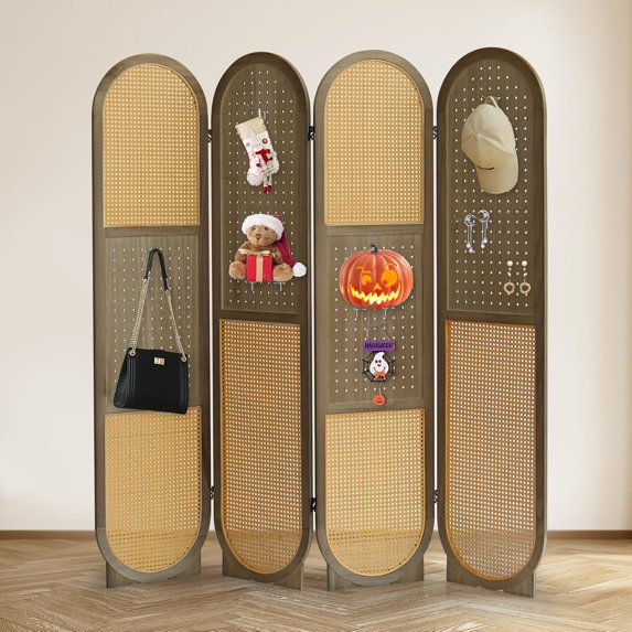 Rattan Room Dividers and Folding Privacy Screens, Panel Pegboard Room Divider with Hooks, Freestanding Wood Pegboard Display for Home Office, Bedroom, Craft Fair, Christmas Decorations