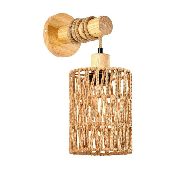 Rattan Rope Bedhead Wall Lamp Cylindrical Bedroom Light for Bedroom Farmhouse Countryside Decorative LightingLampshade,B,1 * Wall Lamp