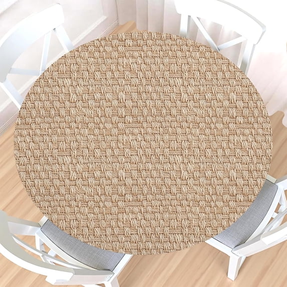 Rattan Round Fitted Tablecloth with Elastic Edge,Water&Stain-Resistant Wipeable Picnic Beige Table Cover for 36"-40" Found Tables Reusable Weaving Print Table Cloth for Dinner,Outdoor,Patio,Camping