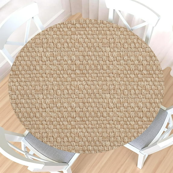 Rattan Round Fitted Tablecloth with Elastic Edge,Water&Stain-Resistant Wipeable Picnic Beige Table Cover for 48"-52" Found Tables Reusable Weaving Print Table Cloth for Dinner,Outdoor,Patio,Camping