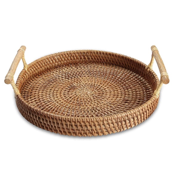 Rattan Round Serving Tray Wicker Woven Bread Basket with Handles for Cracker Dinner Parties Coffee Table Breakfast