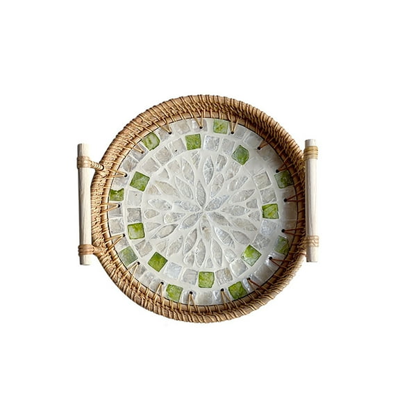 Rattan Round Shell Container Tray Woven Tray for Bread Double Handle Aroma Diffuser Display Shallow Plate Type 1