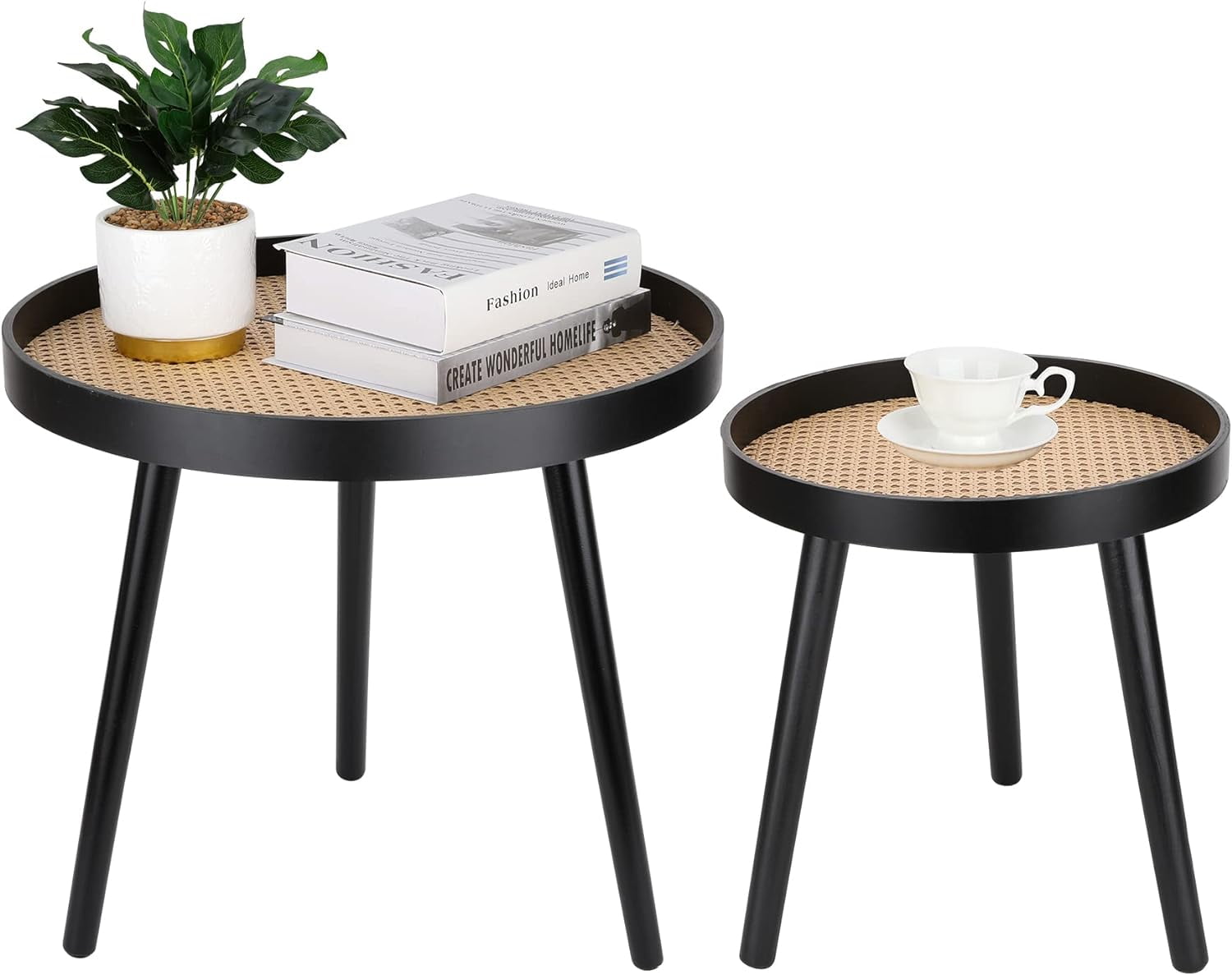 Rattan Round Side Table, Black Small End Table, Accent Table, Modern