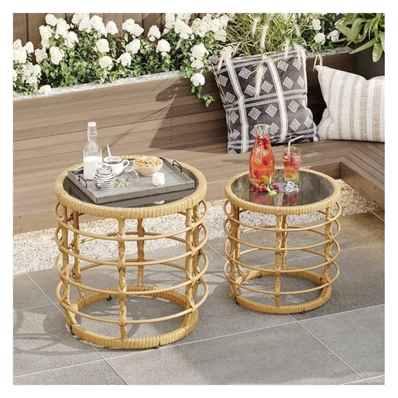 Rattan Round Side Table Set of 2, Small Circle Desk with Solar Lights and Tempered Glass Top,Weather-Resistant Wicker for Patio, Small Coffee End Table for Outdoor Living, Patio,Natural