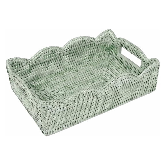 Rattan Scalloped Small Tray in Green – Handwoven Decorative & Serving Tray (11.75” x 7.75” x 3.5”) – Artisan-Made
