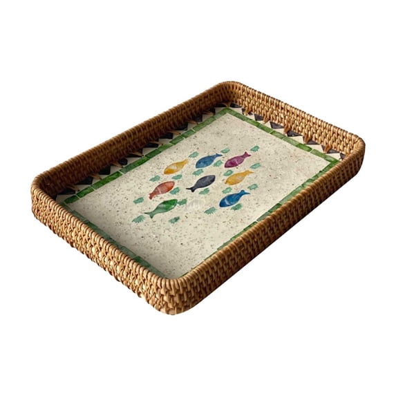 Rattan Seashells, Woven Tray, Decorative Storage Tray for Living Room, Coffee Table Dried Fruit Server, Picnic Serving Dish, Home Kitchen Countertop Caddy