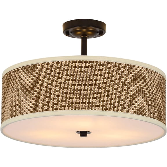 Rattan Semi Flush Mount Ceiling Light Rustic Bedroom Ceiling Lights Farmhouse Style Rattan Light Fixtures Ceiling Light for Living Room Hallway Bedroom Kitchen, Brown 60W