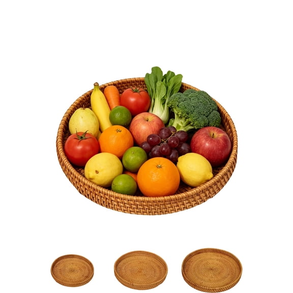 Rattan Serving Basket with Wicker Round Tray for Bread Fruit Tea Coffee Table Decor